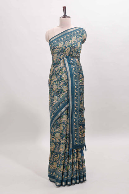 Midnight blue floral design mirror work viscose georgette saree with self zari border and printed blouse