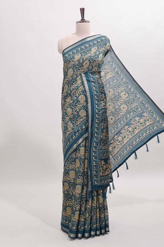 Midnight blue floral design mirror work viscose georgette saree with self zari border and printed blouse