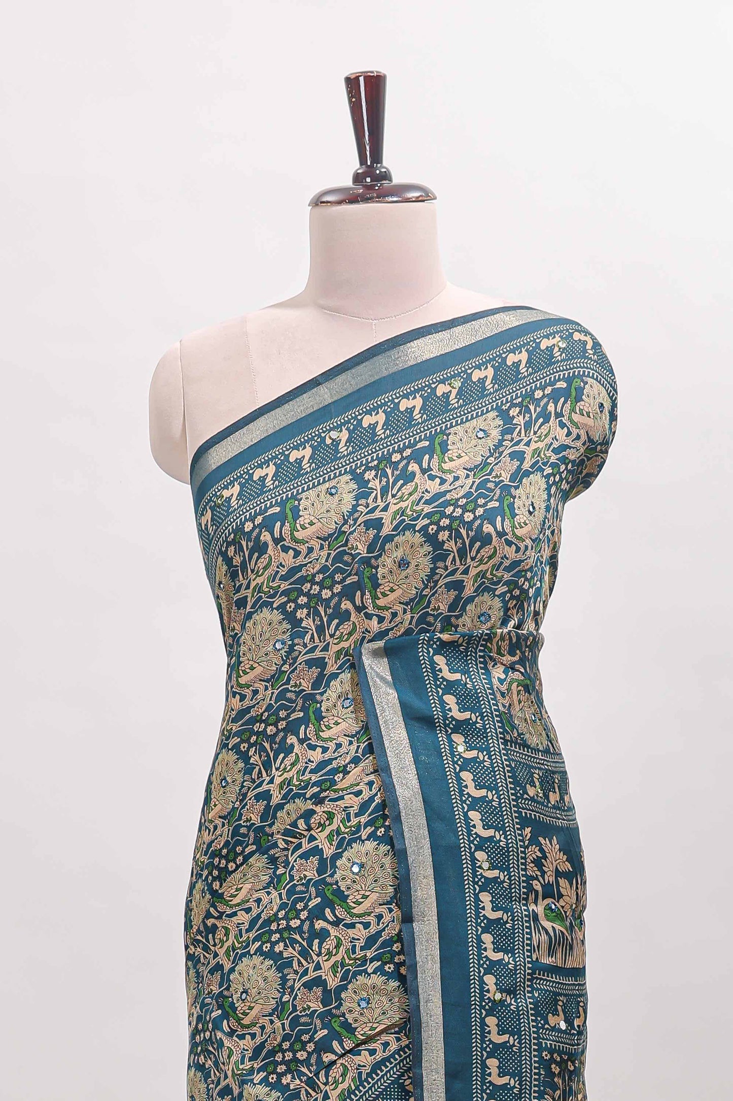 Midnight blue floral design mirror work viscose georgette saree with self zari border and printed blouse