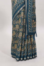 Midnight blue floral design mirror work viscose georgette saree with self zari border and printed blouse