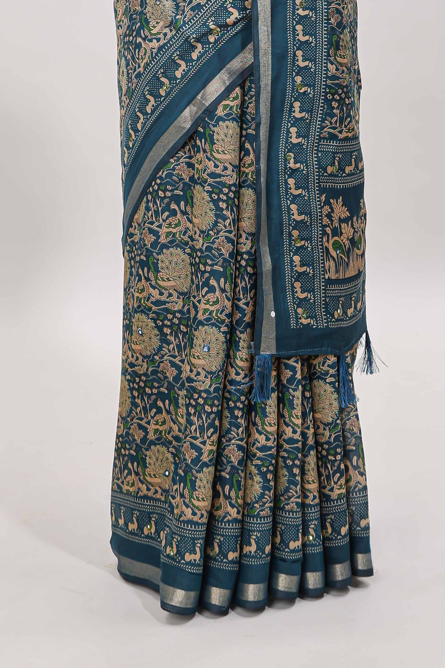 Midnight blue floral design mirror work viscose georgette saree with self zari border and printed blouse