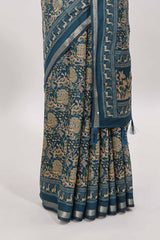 Midnight blue floral design mirror work viscose georgette saree with self zari border and printed blouse