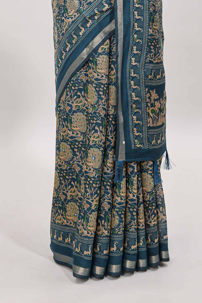 Midnight blue floral design mirror work viscose georgette saree with self zari border and printed blouse