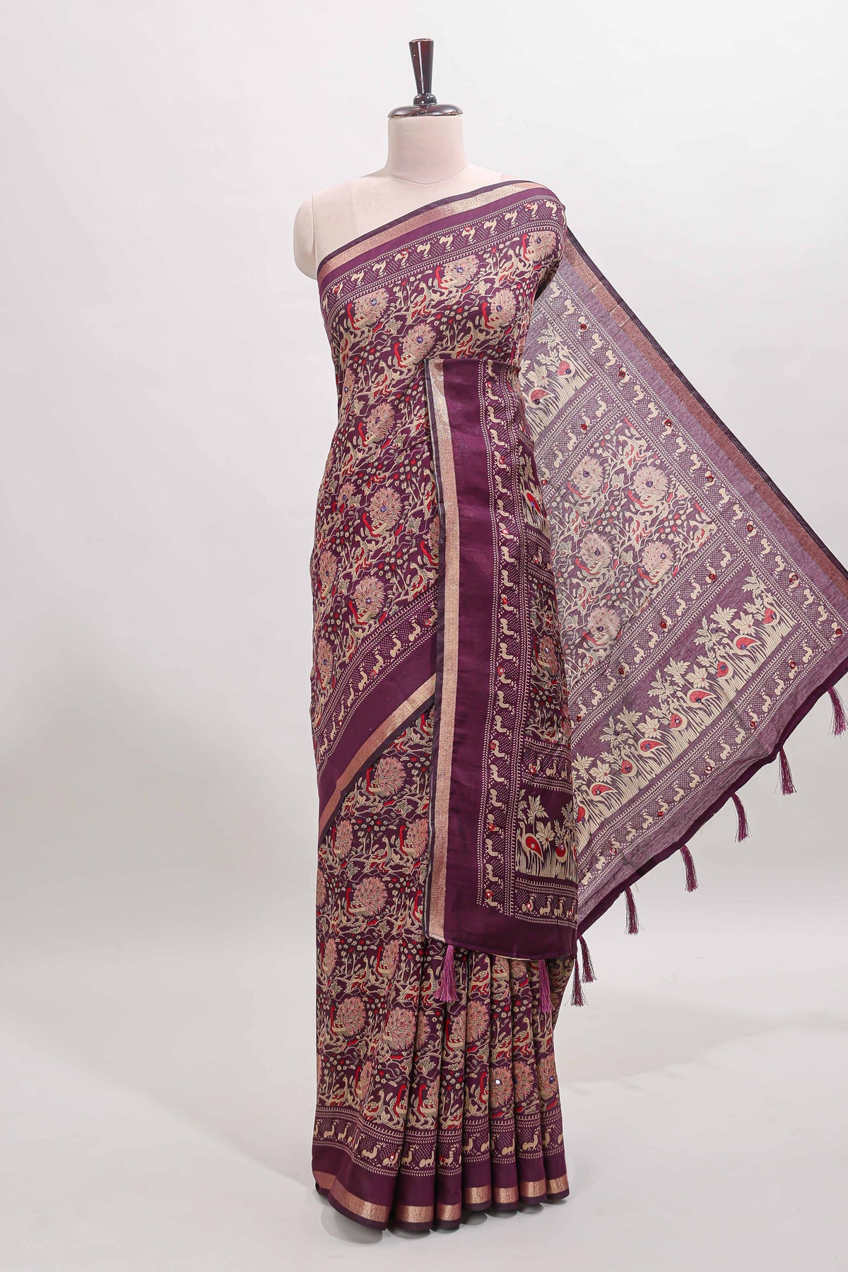 Purple floral design mirror work viscose georgette saree with self zari border and printed blouse