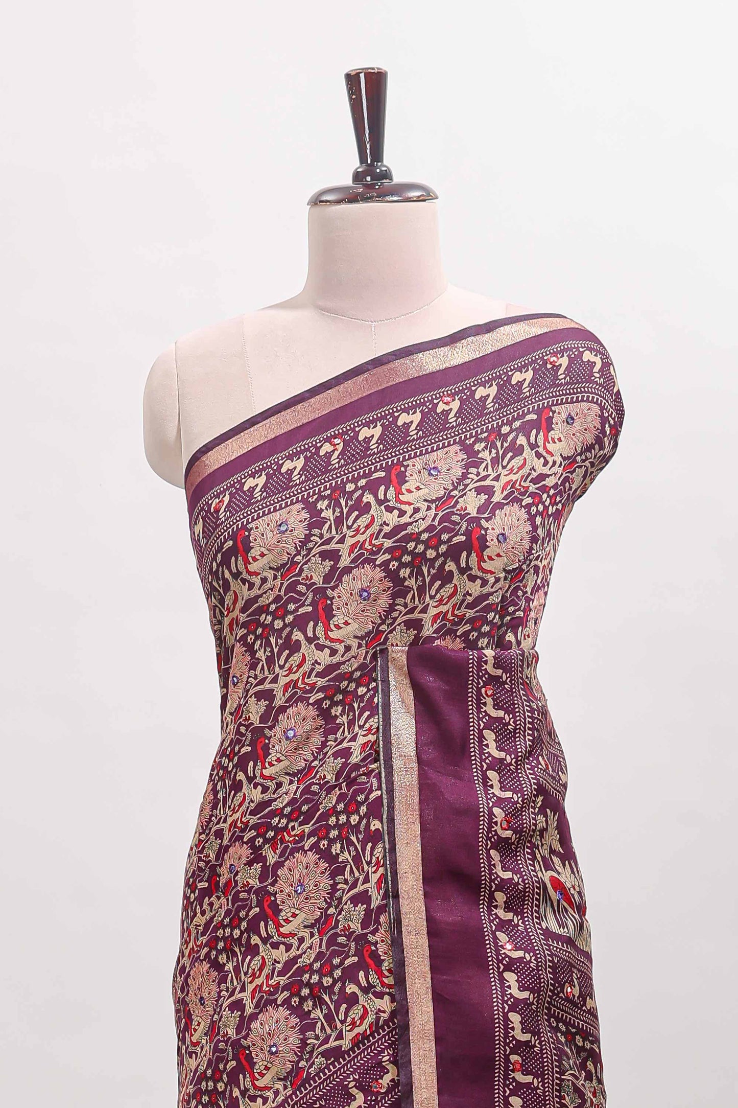 Purple floral design mirror work viscose georgette saree with self zari border and printed blouse