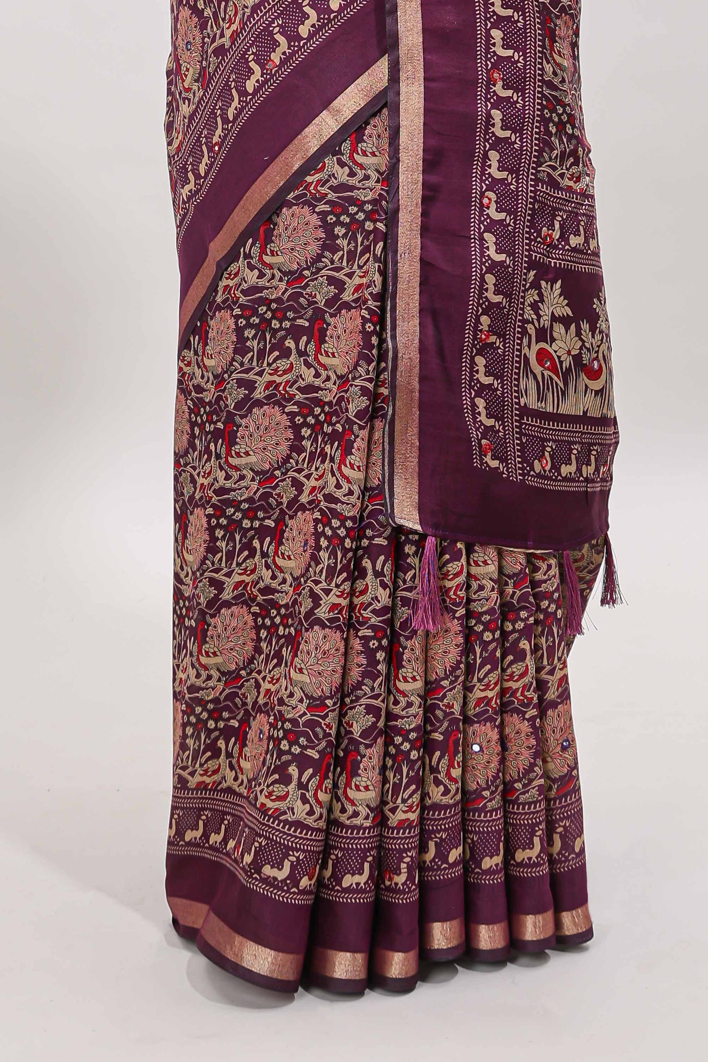 Purple floral design mirror work viscose georgette saree with self zari border and printed blouse