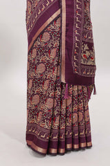 Purple floral design mirror work viscose georgette saree with self zari border and printed blouse
