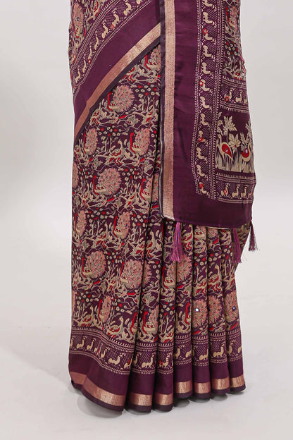 Purple floral design mirror work viscose georgette saree with self zari border and printed blouse