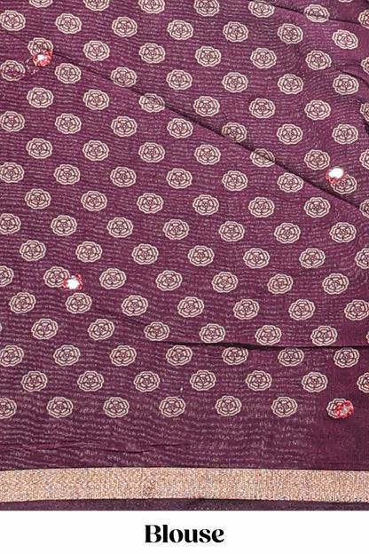 Purple floral design mirror work viscose georgette saree with self zari border and printed blouse