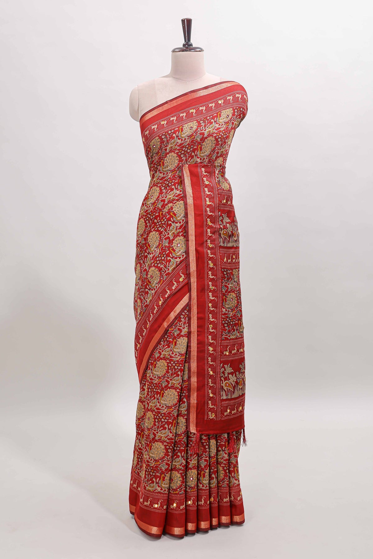 Red floral design mirror work viscose georgette saree with self zari border and printed blouse