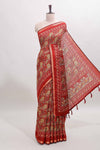 Red floral design mirror work viscose georgette saree with self zari border and printed blouse