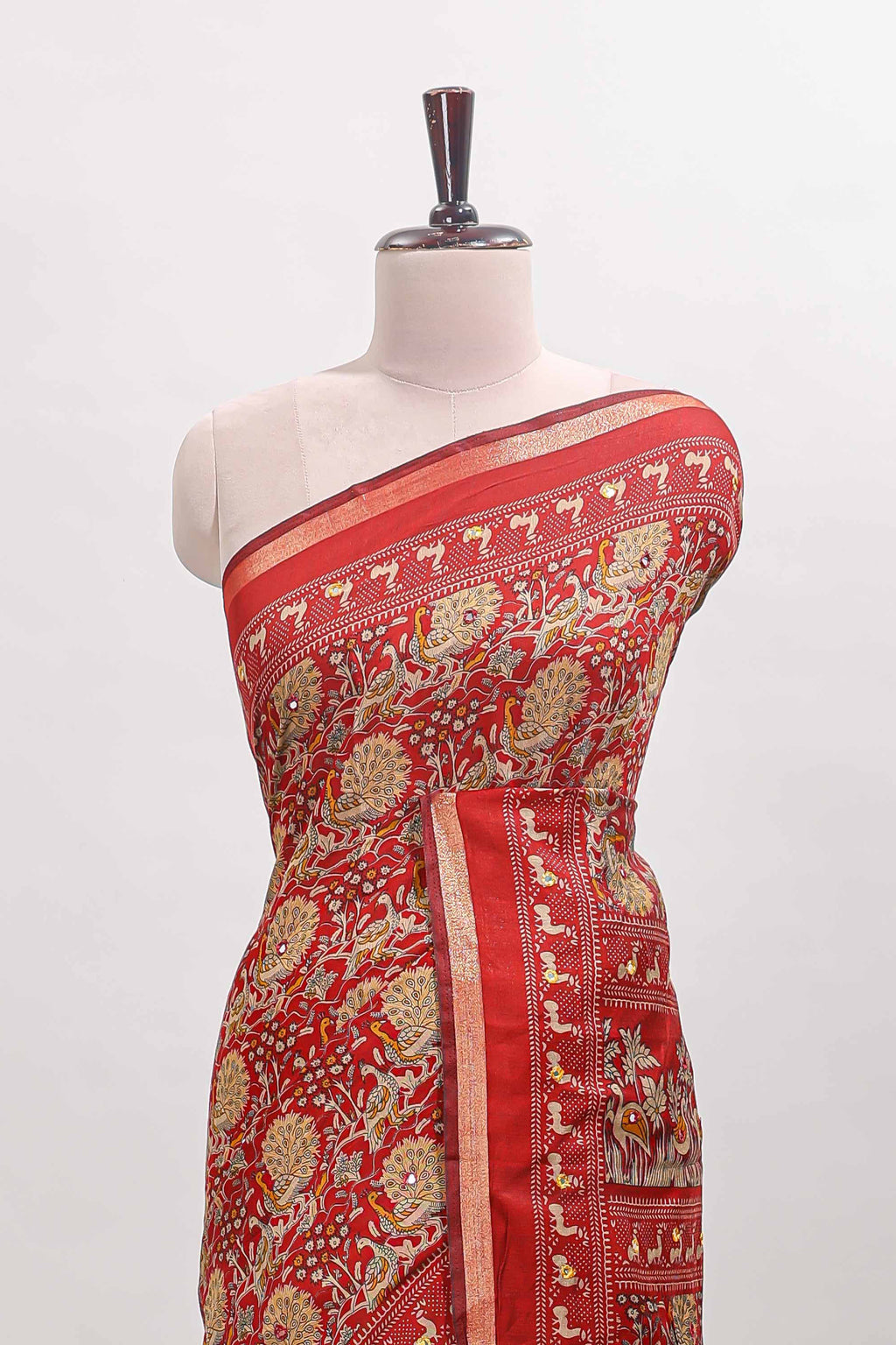 Red floral design mirror work viscose georgette saree with self zari border and printed blouse