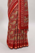 Red floral design mirror work viscose georgette saree with self zari border and printed blouse