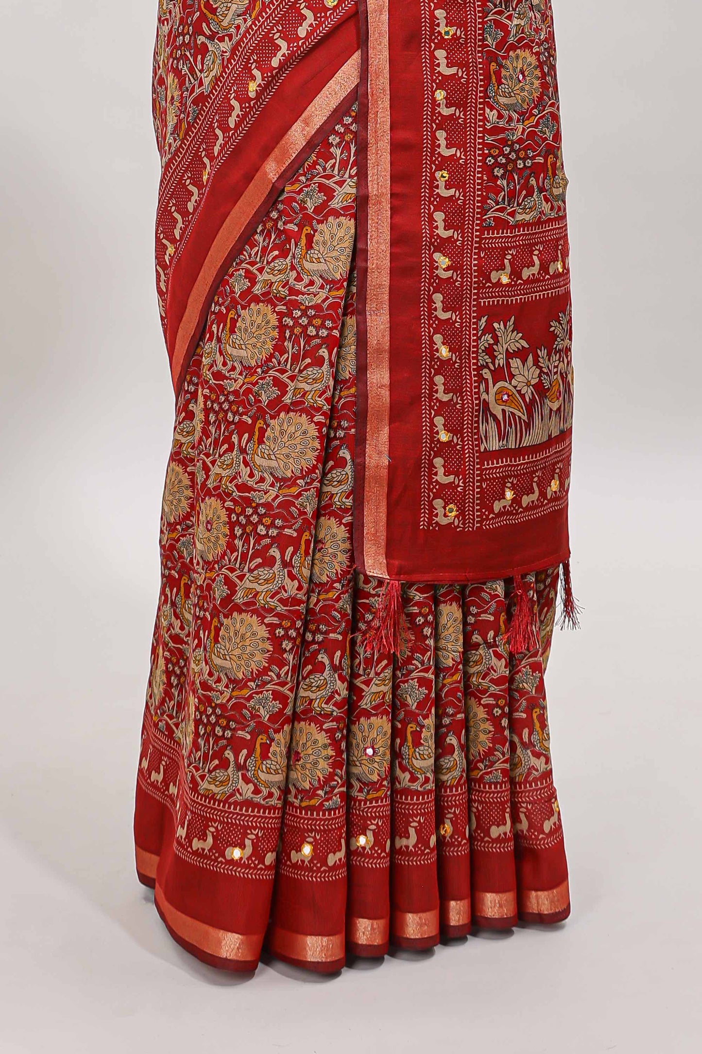 Red floral design mirror work viscose georgette saree with self zari border and printed blouse