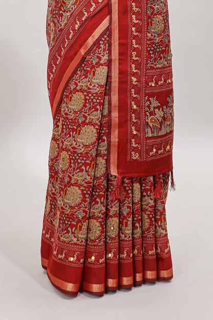 Red floral design mirror work viscose georgette saree with self zari border and printed blouse