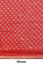 Red floral design mirror work viscose georgette saree with self zari border and printed blouse