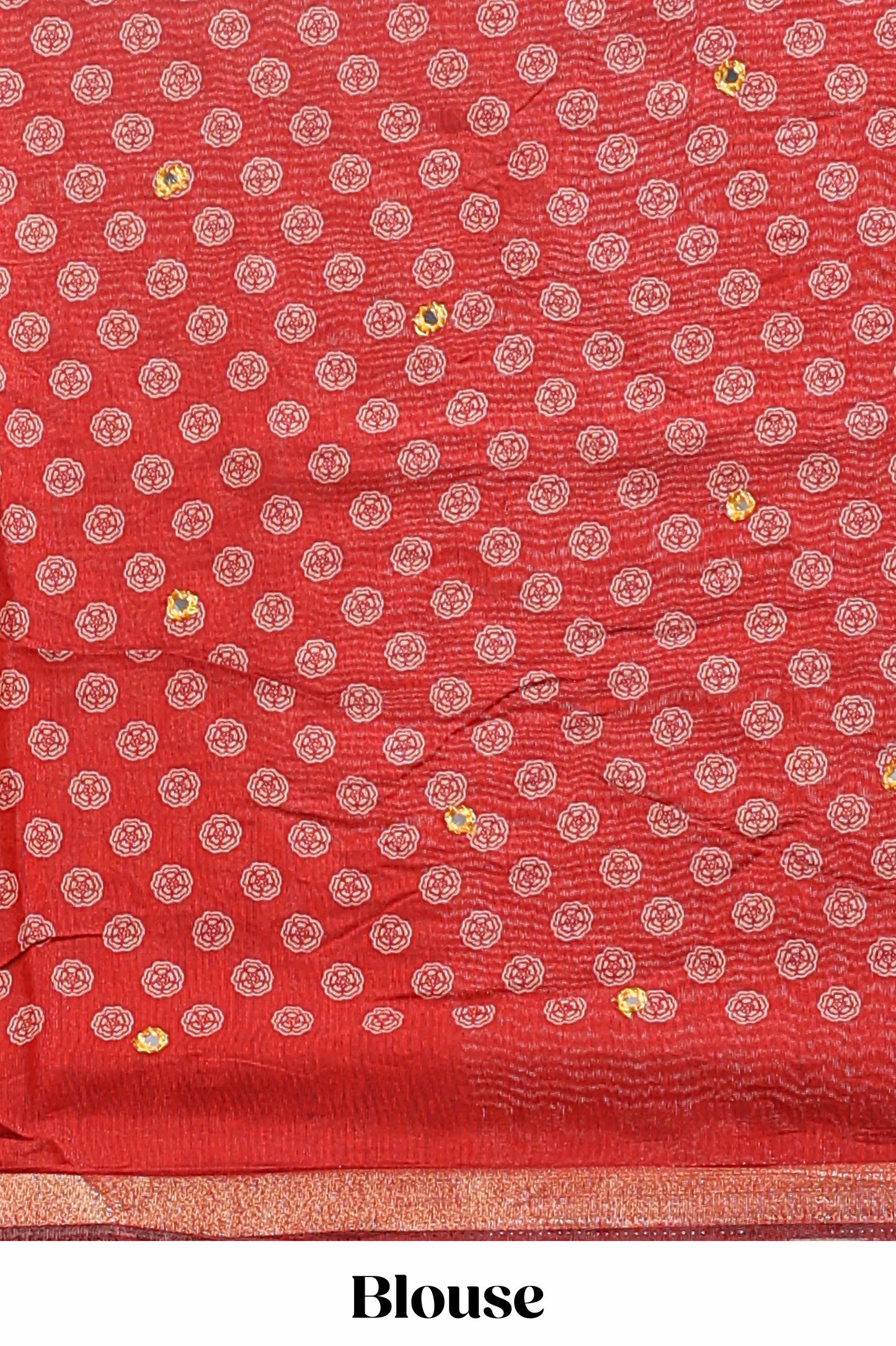 Red floral design mirror work viscose georgette saree with self zari border and printed blouse