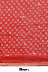 Red floral design mirror work viscose georgette saree with self zari border and printed blouse