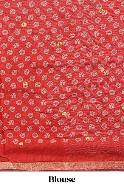 Red floral design mirror work viscose georgette saree with self zari border and printed blouse