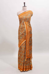Mustard floral design mirror work viscose georgette saree with self zari border and printed blouse