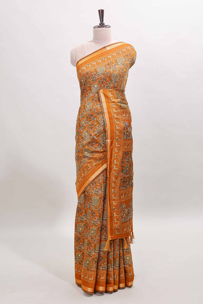 Mustard floral design mirror work viscose georgette saree with self zari border and printed blouse