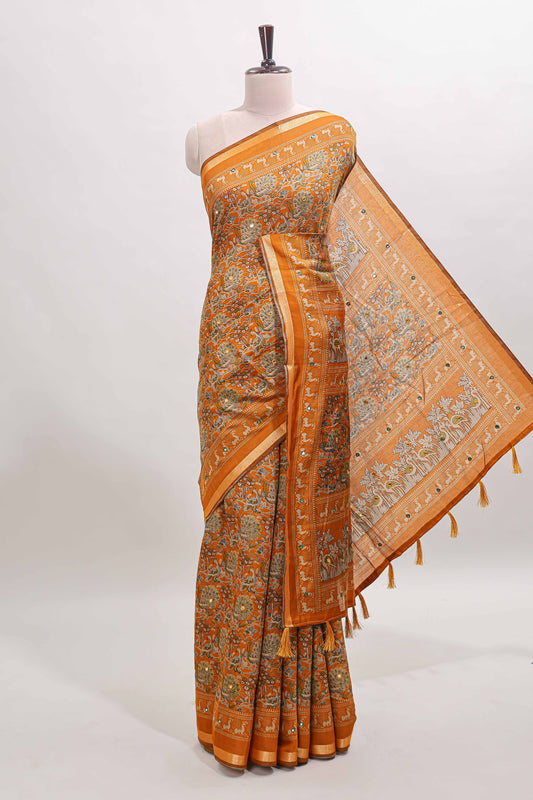 Mustard floral design mirror work viscose georgette saree with self zari border and printed blouse