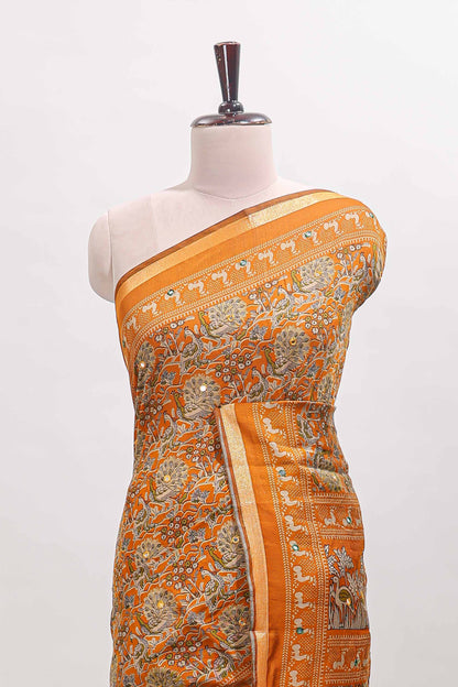 Mustard floral design mirror work viscose georgette saree with self zari border and printed blouse