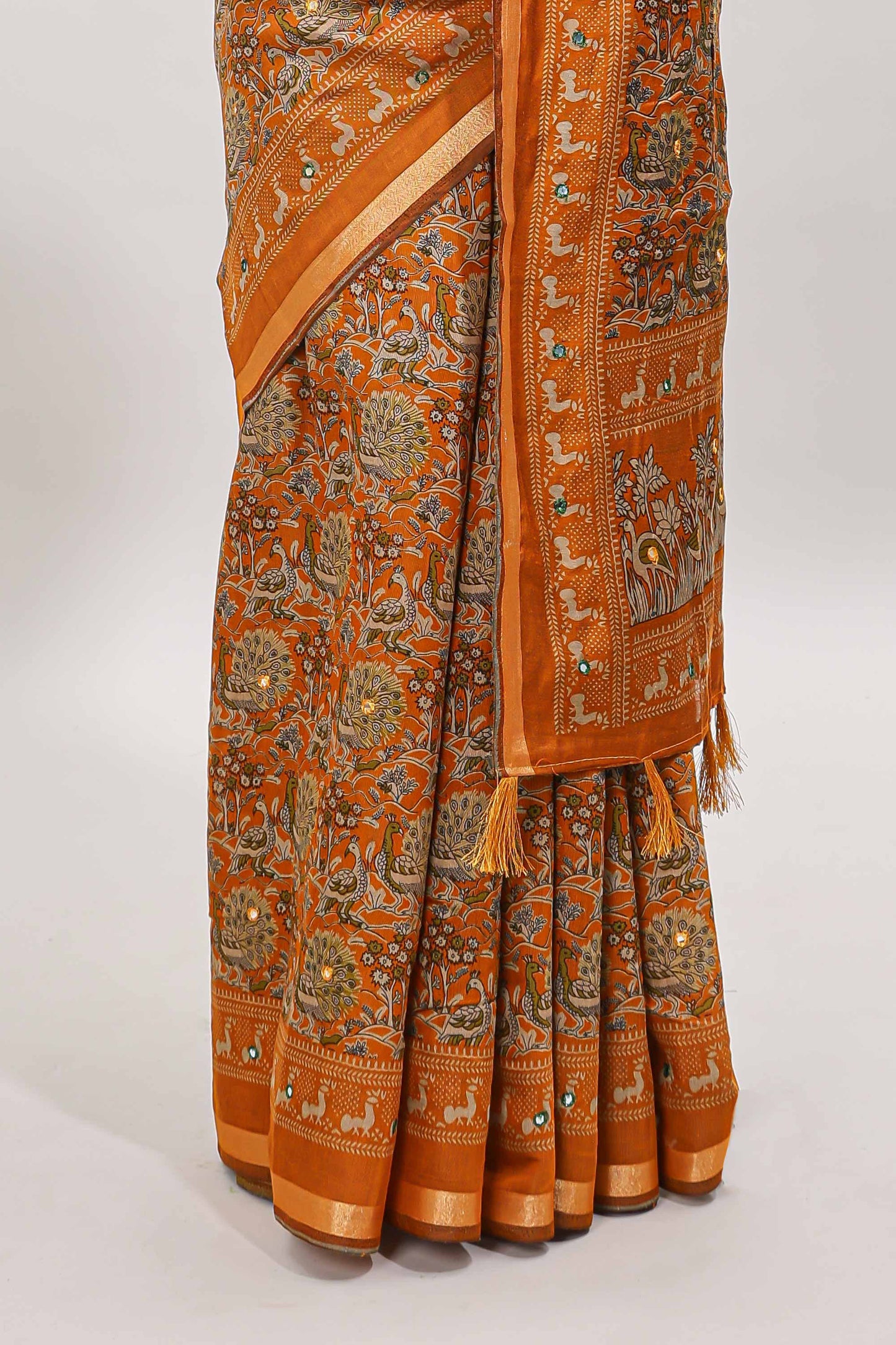 Mustard floral design mirror work viscose georgette saree with self zari border and printed blouse