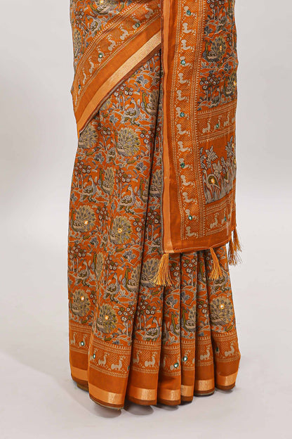 Mustard floral design mirror work viscose georgette saree with self zari border and printed blouse