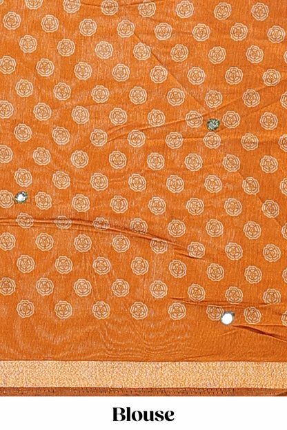 Mustard floral design mirror work viscose georgette saree with self zari border and printed blouse