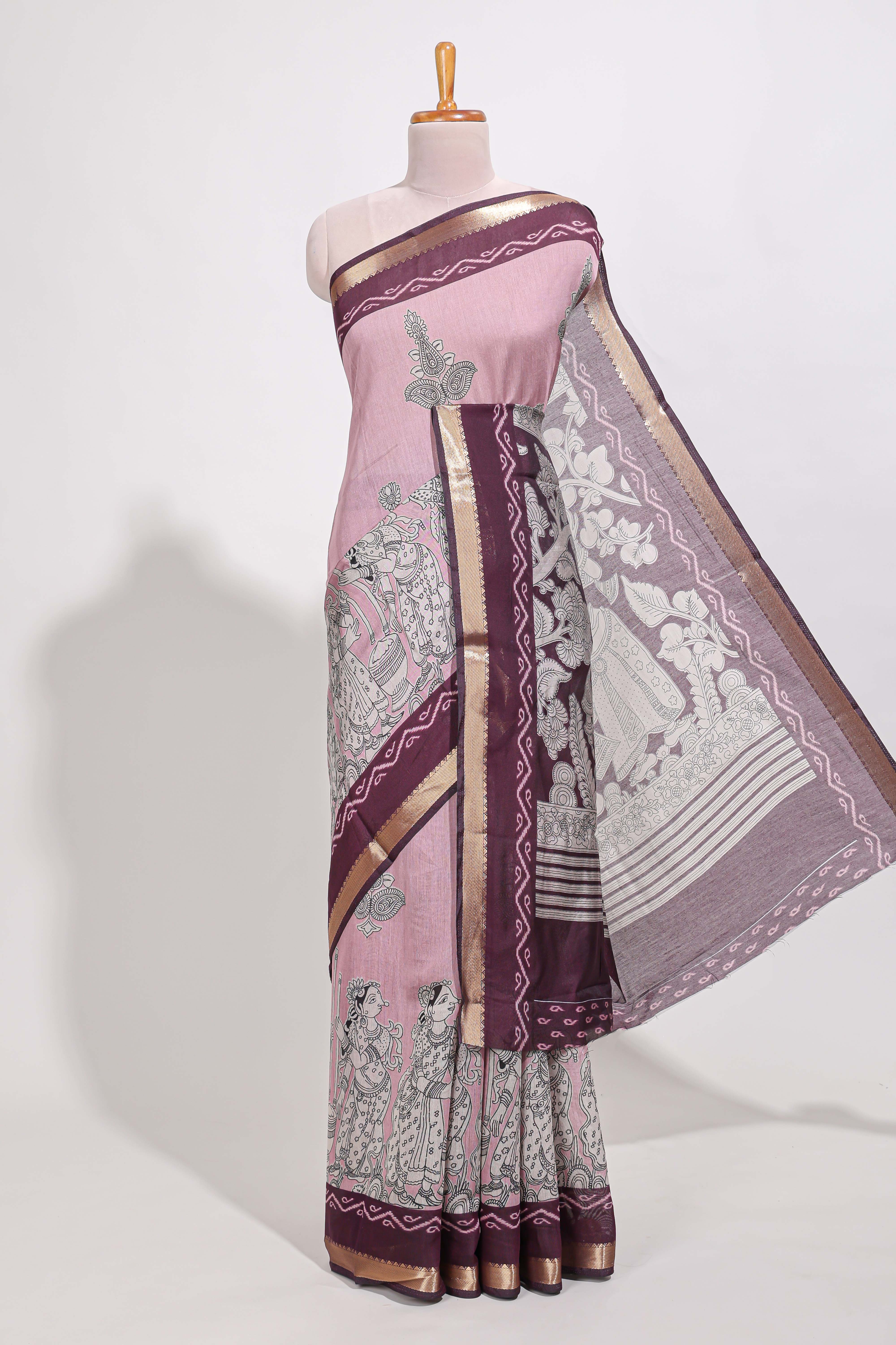 Rose Viscose Georgette Saree All-over elegant ethnic detailing gold zari border and Statement pallu with artistic motifs with contrast printed blouse
