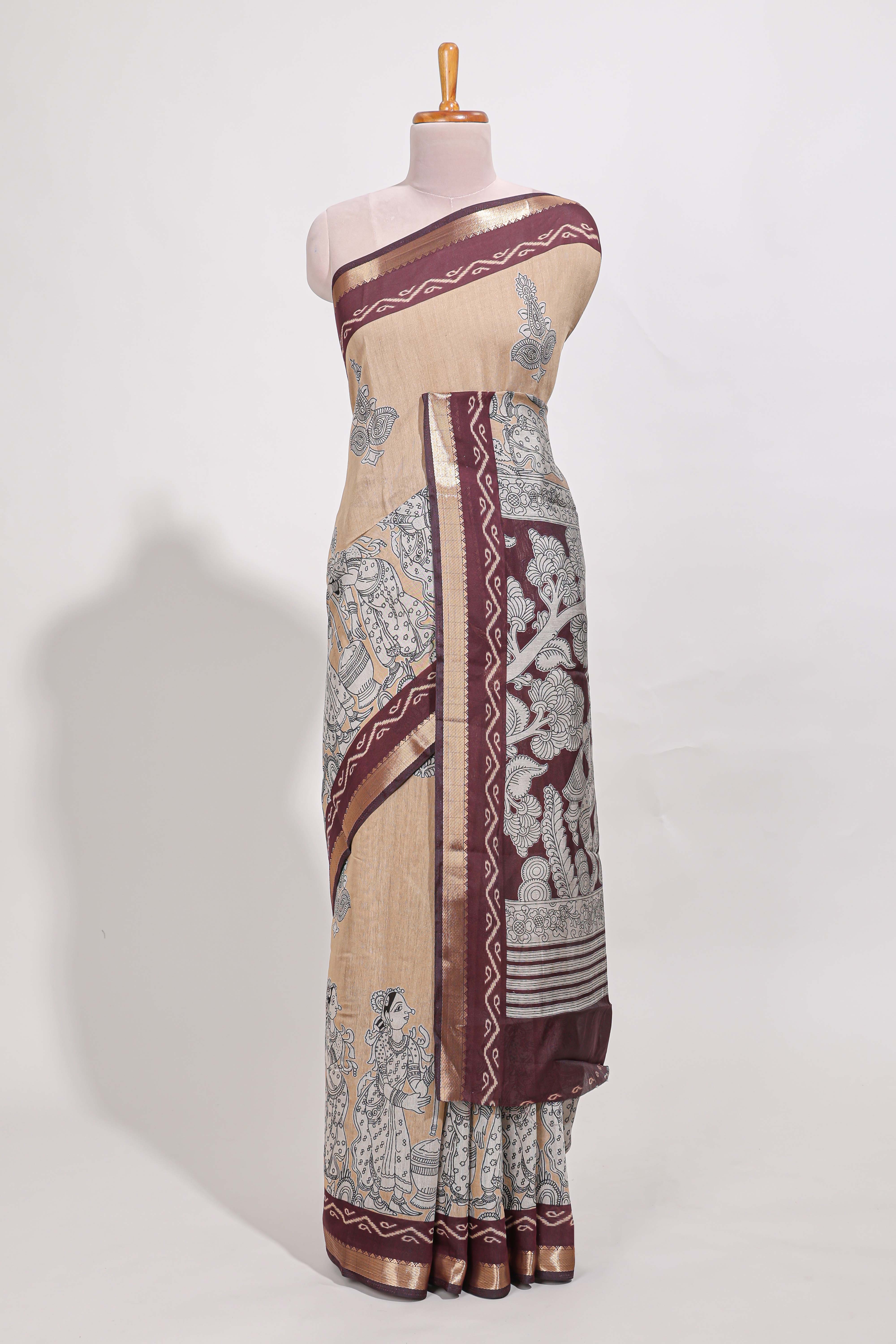 Powder Yellow Viscose Georgette Saree All-over elegant ethnic detailing gold zari border and Statement pallu with artistic motifs with contrast printed blouse