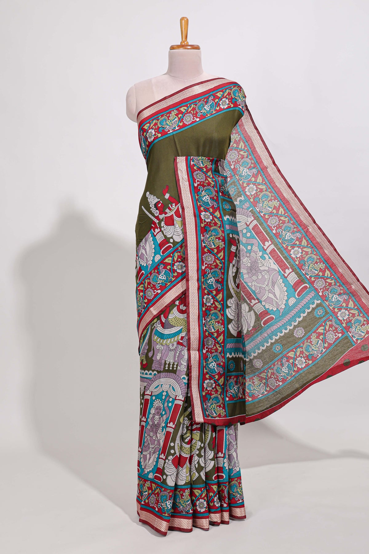 Olive Green viscose georgette saree Traditional Heritage Print with Ornate Printed Border and Detailed Printed Pallu with contrast Blouse