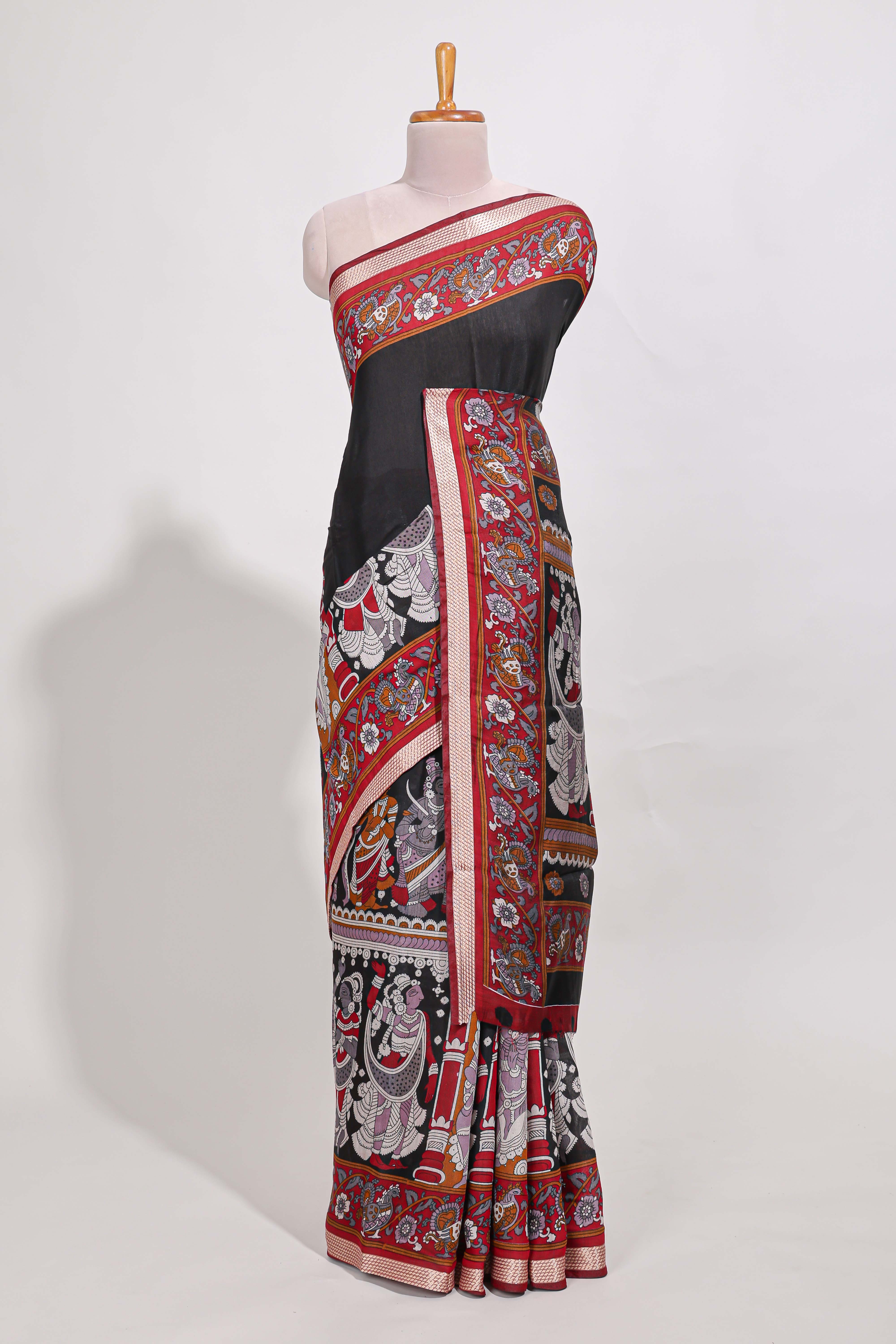 Black viscose georgette saree Traditional Heritage Print with Ornate Printed Border and Detailed Printed Pallu with contrast Blouse