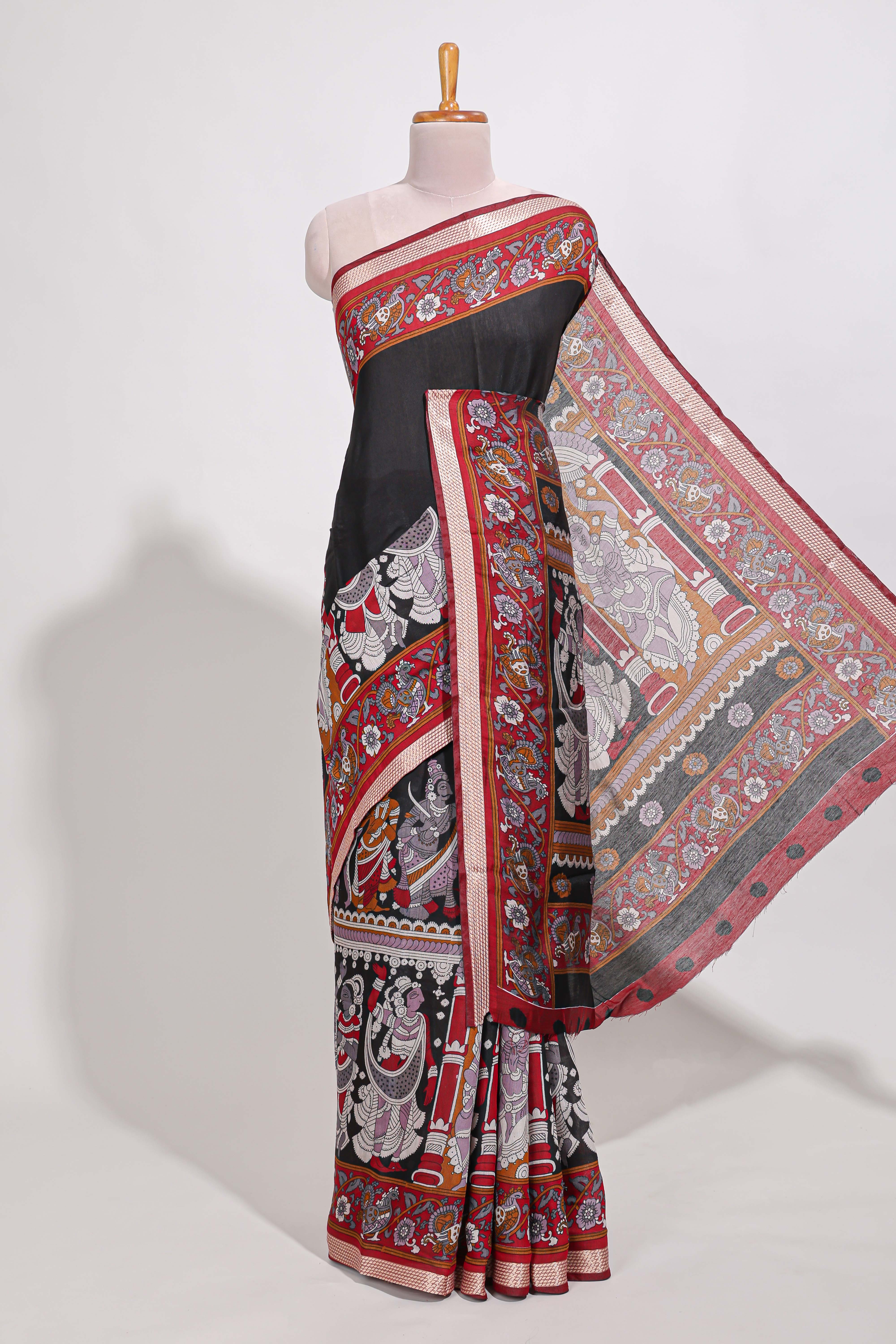 Black viscose georgette saree Traditional Heritage Print with Ornate Printed Border and Detailed Printed Pallu with contrast Blouse
