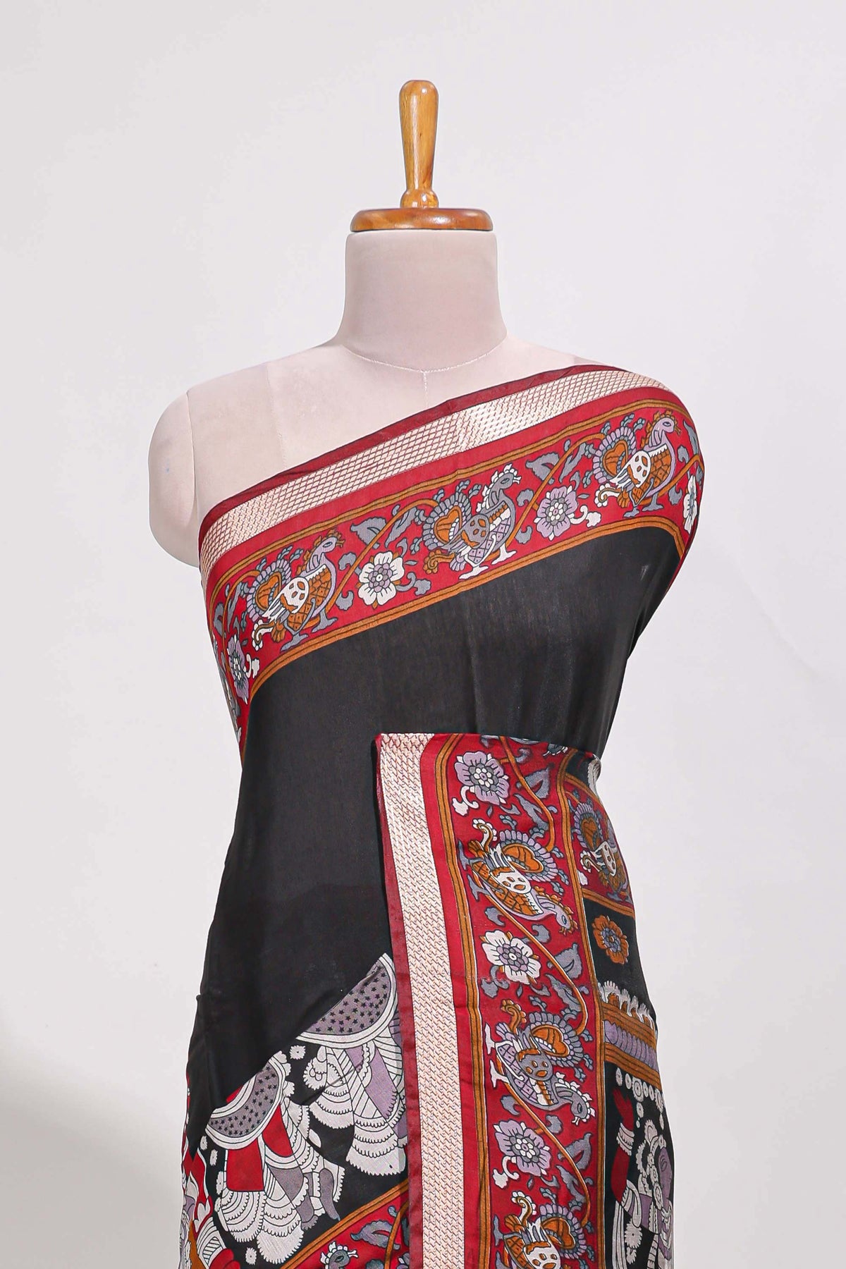 Black viscose georgette saree Traditional Heritage Print with Ornate Printed Border and Detailed Printed Pallu with contrast Blouse