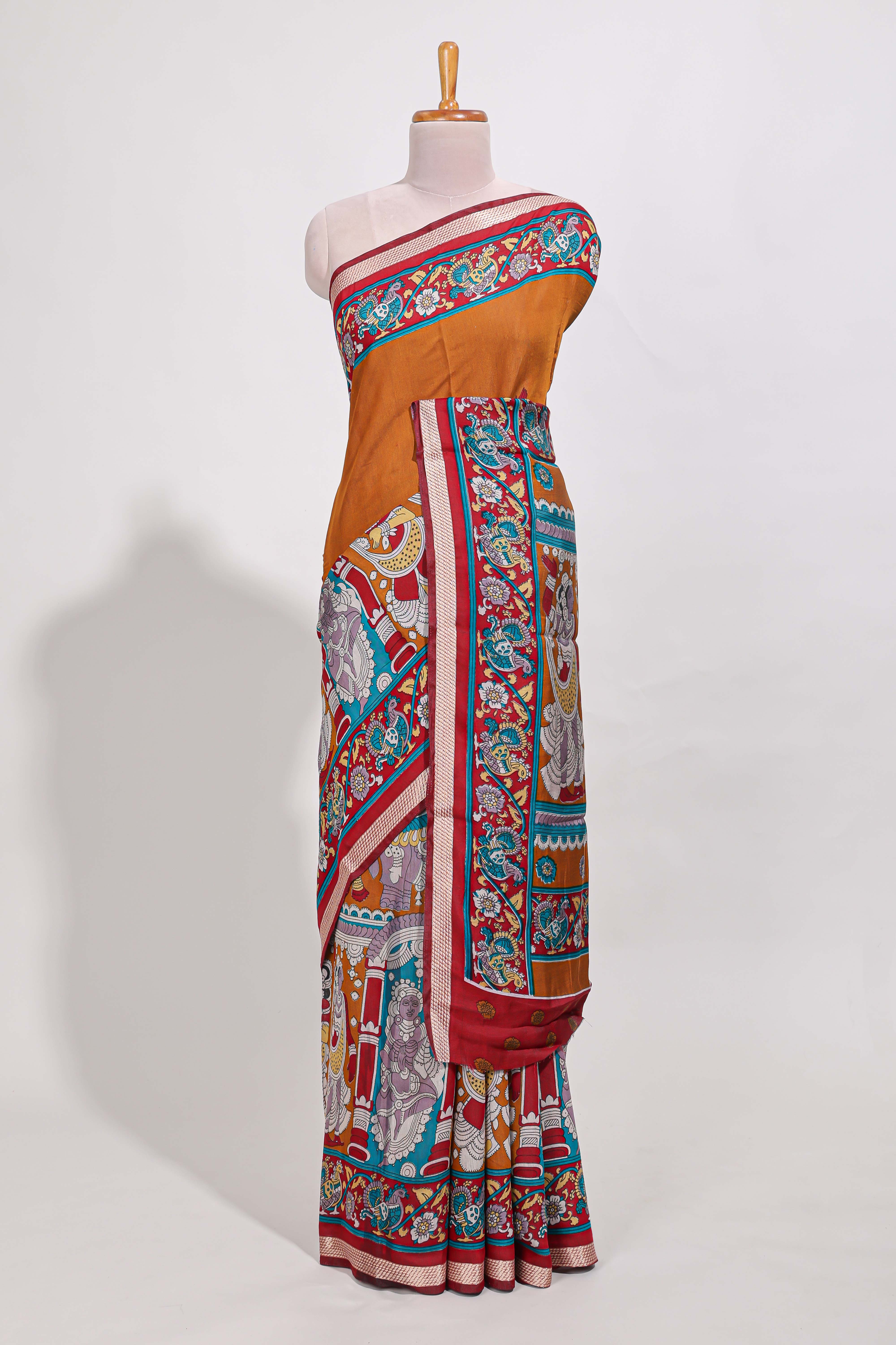 Rust Orange viscose georgette saree Traditional Heritage Print with Ornate Printed Border and Detailed Printed Pallu with contrast Blouse