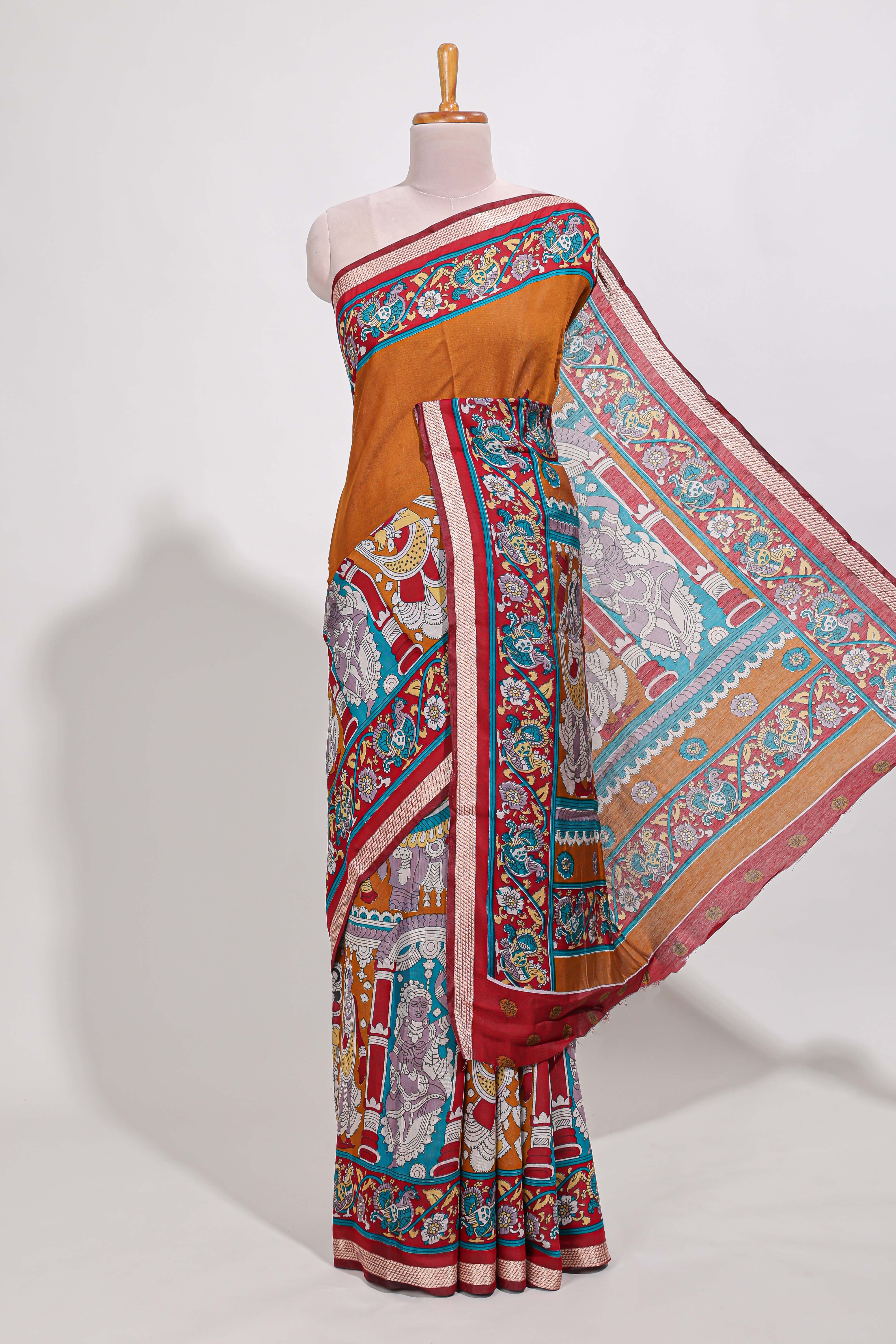 Rust Orange viscose georgette saree Traditional Heritage Print with Ornate Printed Border and Detailed Printed Pallu with contrast Blouse