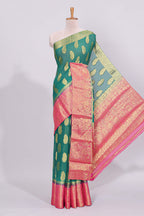 Green zari motifs viscose georgette saree with contrast zari border and blouse