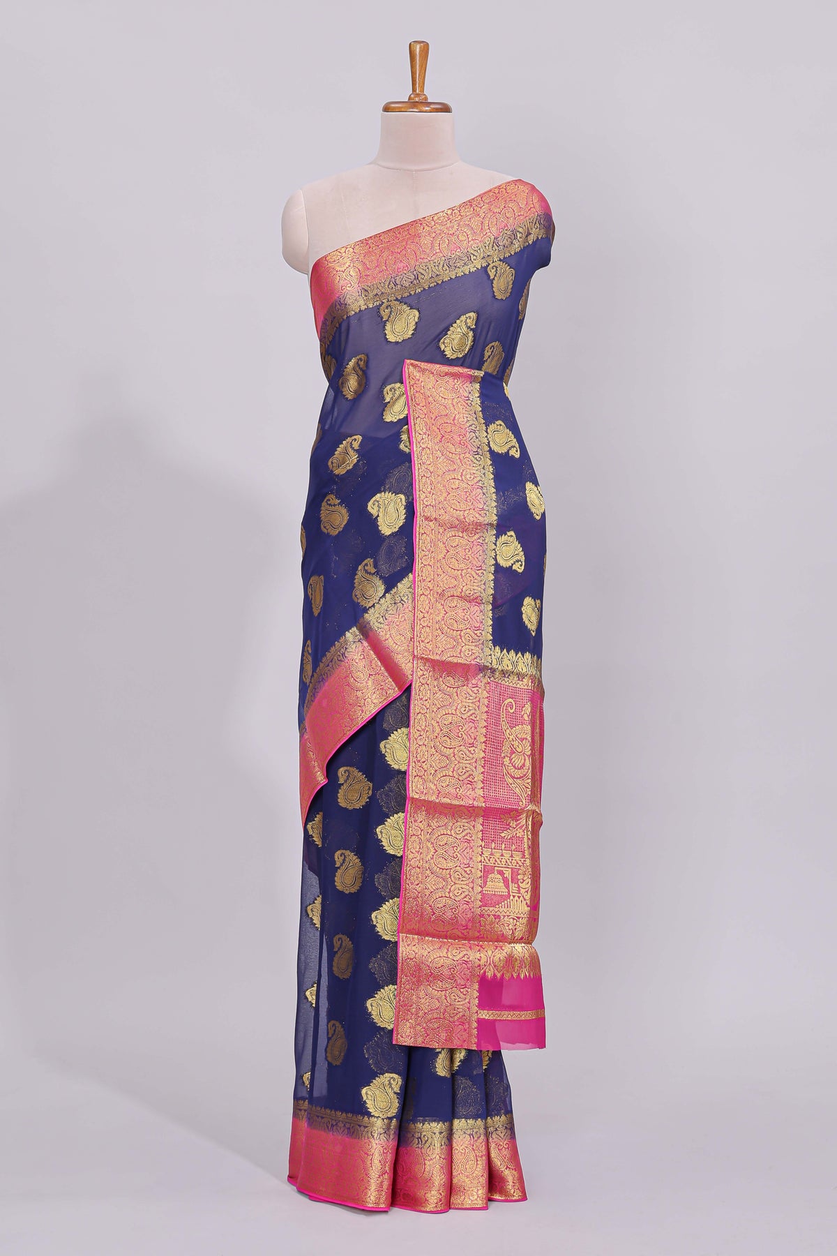 Blue floral zari motifs viscose georgette saree with contrast zari border and blouse
