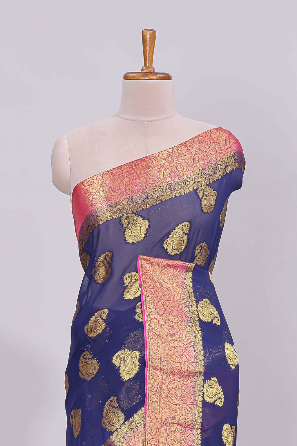 Blue floral zari motifs viscose georgette saree with contrast zari border and blouse
