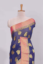 Blue floral zari motifs viscose georgette saree with contrast zari border and blouse