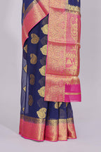Blue floral zari motifs viscose georgette saree with contrast zari border and blouse