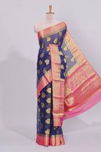 Blue floral zari motifs viscose georgette saree with contrast zari border and blouse
