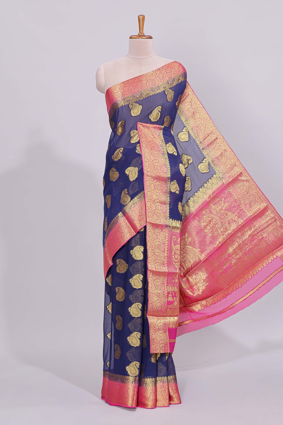 Blue floral zari motifs viscose georgette saree with contrast zari border and blouse