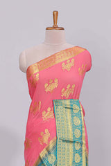Pink floral zari motifs viscose georgette saree with contrast checked zari border and blouse