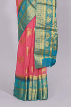 Pink floral zari motifs viscose georgette saree with contrast checked zari border and blouse
