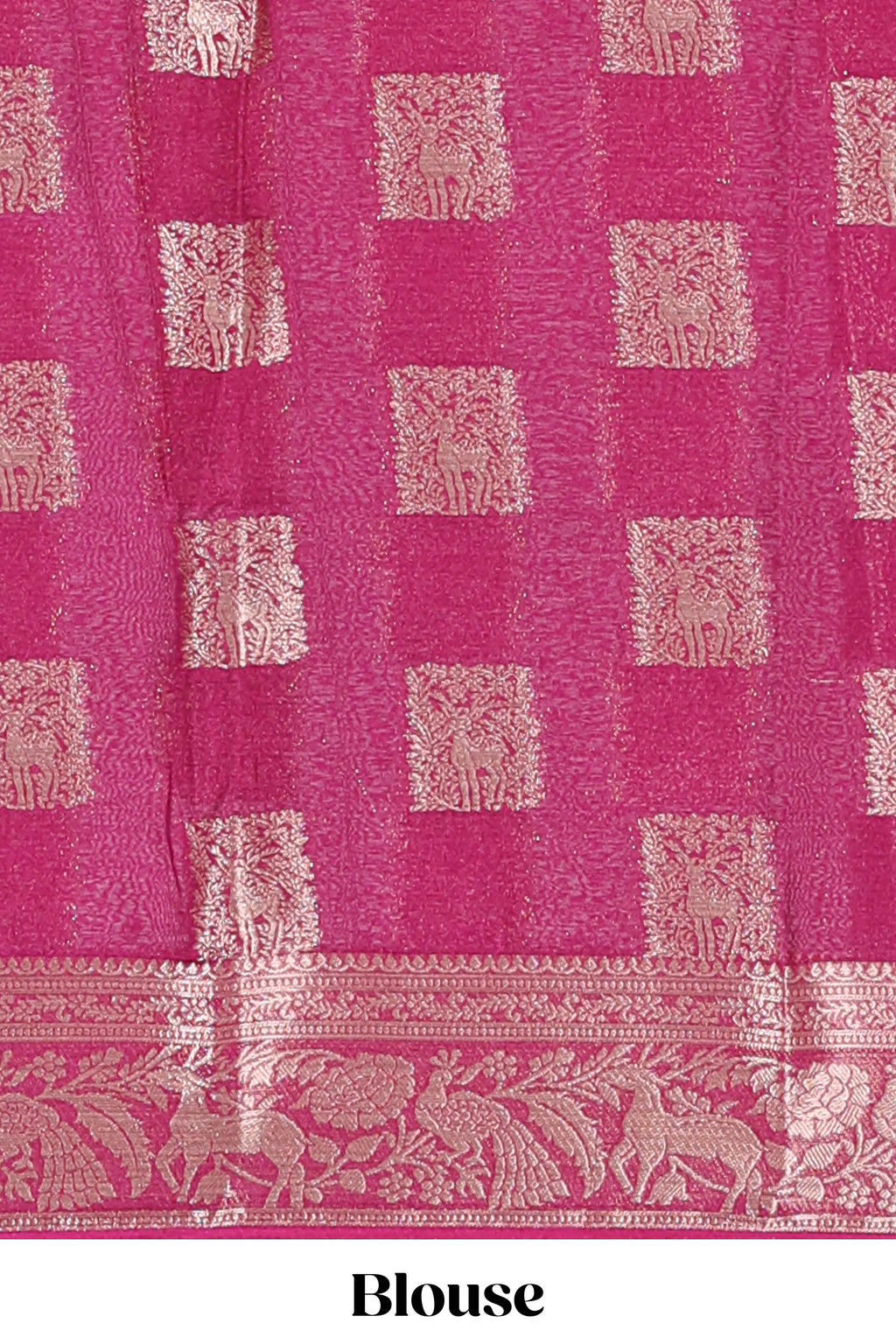 Steel blue square floral deer motifs viscose georgette saree with contrast checked zari border and blouse