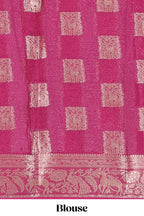 Steel blue square floral deer motifs viscose georgette saree with contrast checked zari border and blouse