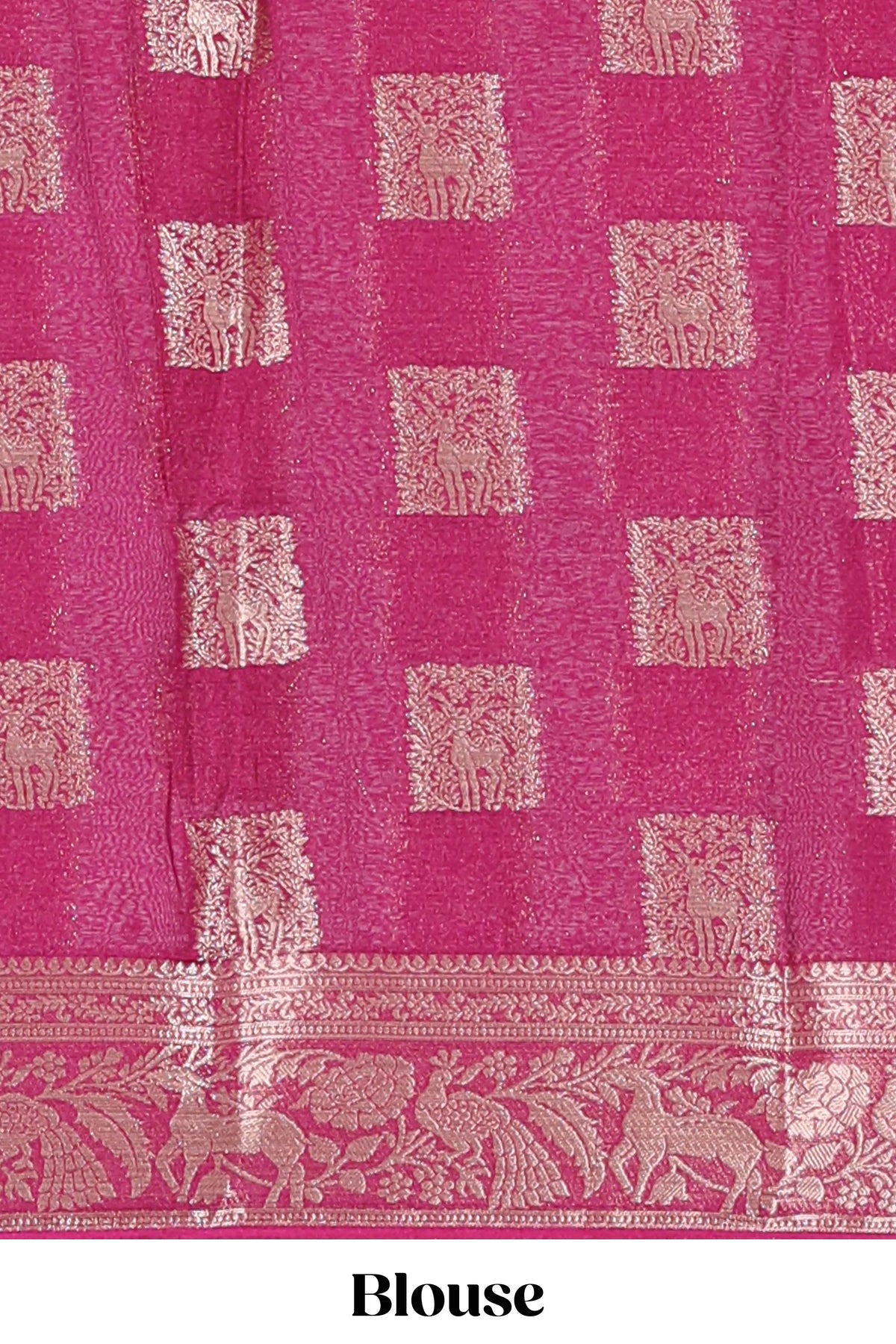 Steel blue square floral deer motifs viscose georgette saree with contrast checked zari border and blouse